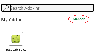 My Add-ins dialog with Manage link